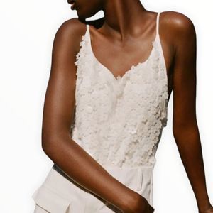 Zara Cream Daisy 3D Appliqué Cami Strap Bodysuit Floral Snap Buttons size M